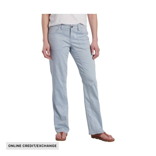 Light blue straight-leg pants with a button fly and front pockets, shown with a visible "ONLINE CREDIT/EXCHANGE" label
