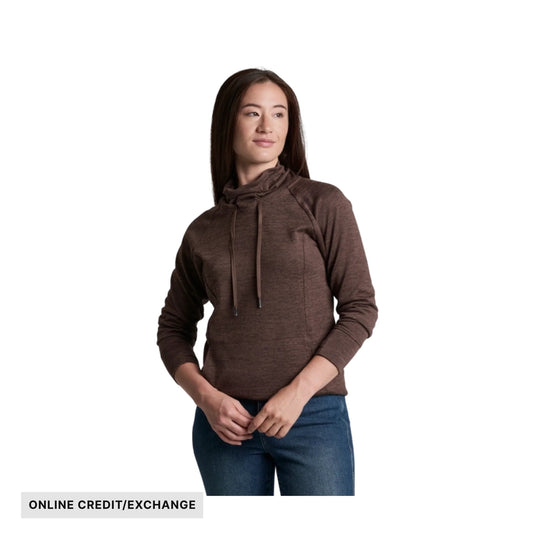 Brown long-sleeve pullover hoodie with drawstrings on a model