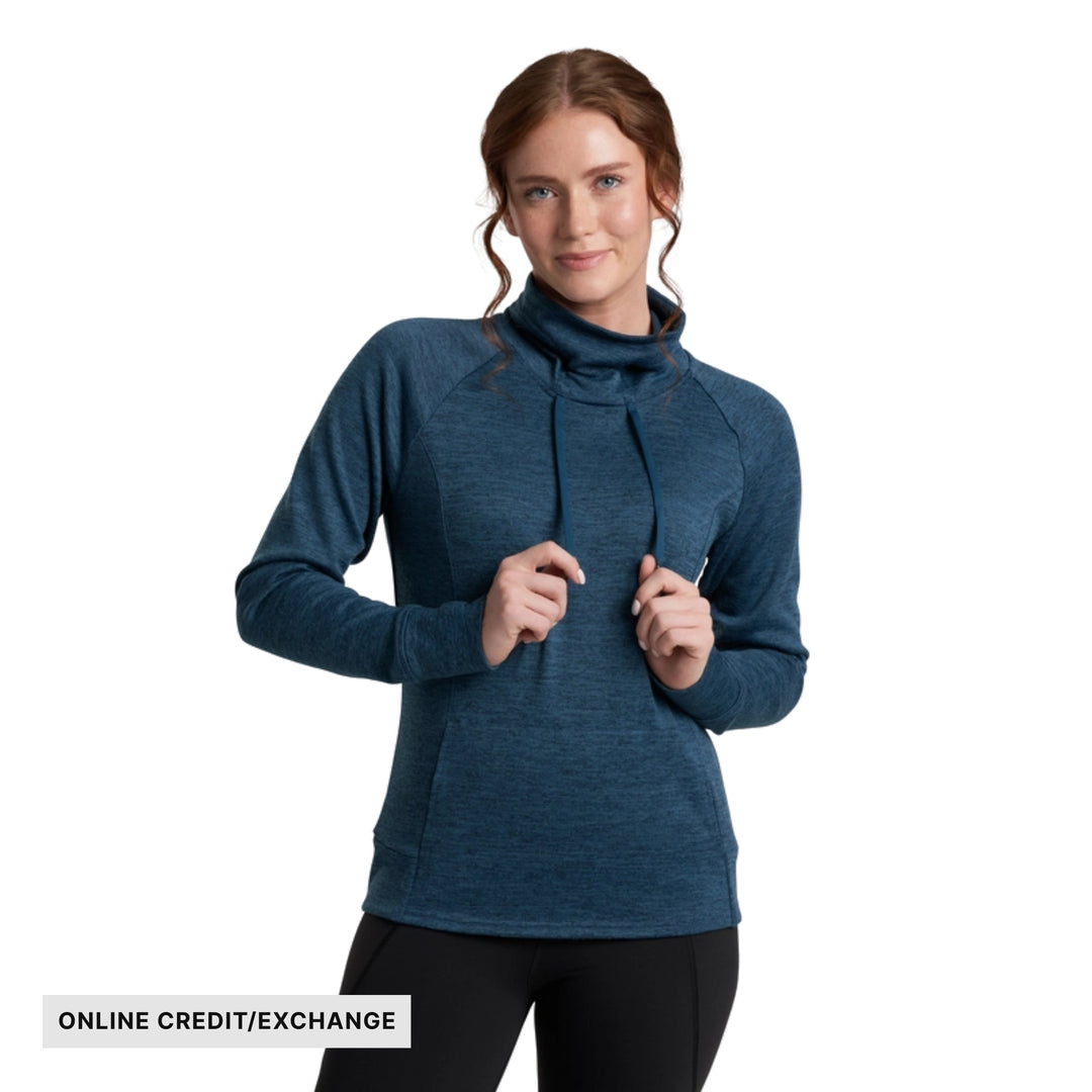 Blue long-sleeve pullover with cowl neck and drawstrings, shown on a model