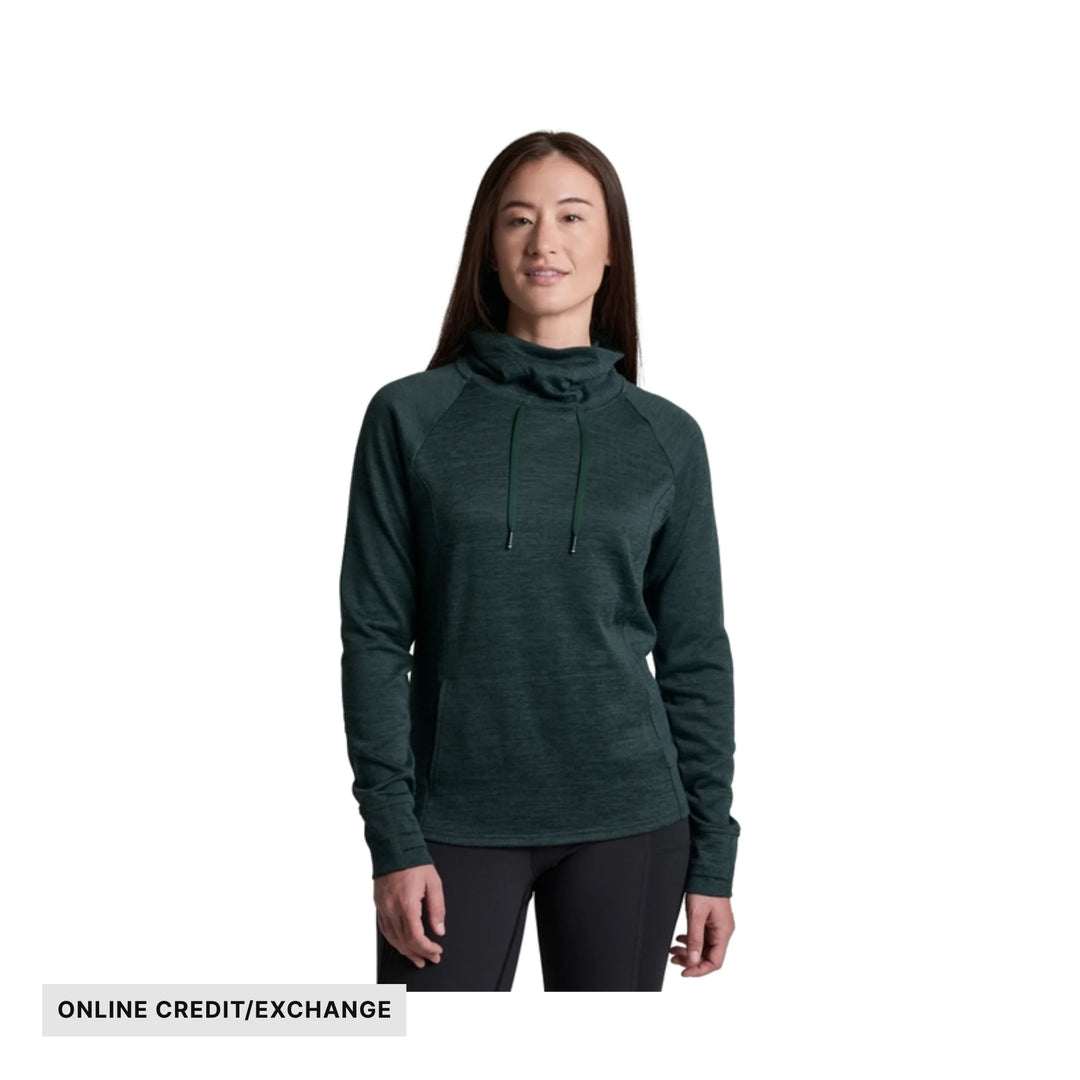 Dark green long-sleeve cowl-neck pullover hoodie with drawstrings, shown on a model