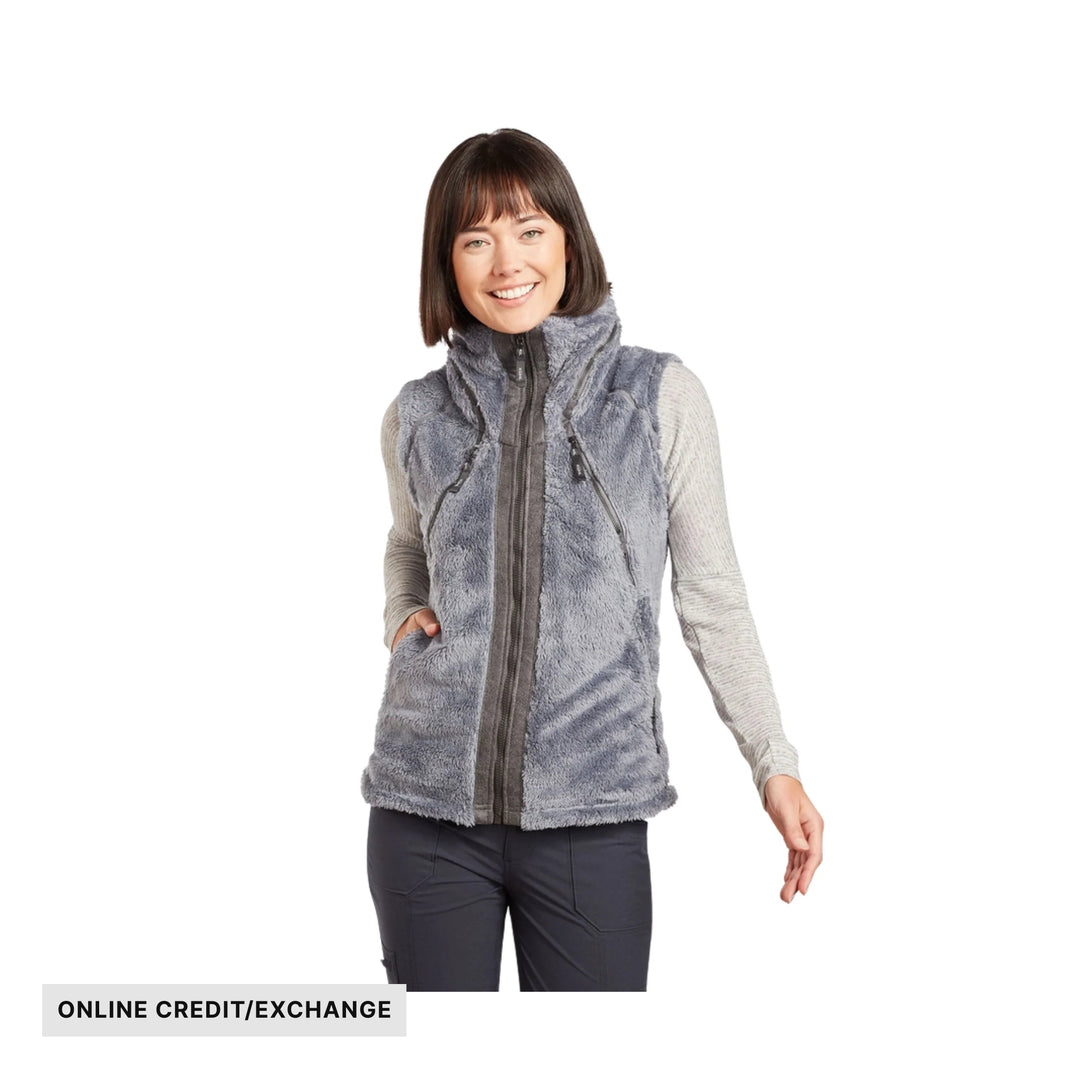 Gray fleece zip-up vest with a high collar, shown on a model, with “ONLINE CREDIT/EXCHANGE” text
