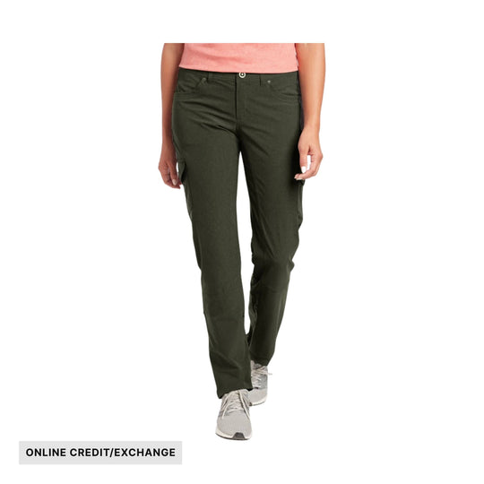 Olive green straight-leg pants worn with sneakers, with a visible "ONLINE CREDIT/EXCHANGE" label