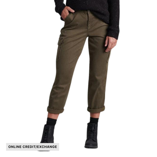 Olive cropped cargo pants with rolled cuffs, side cargo pockets, and ONLINE CREDIT/EXCHANGE text