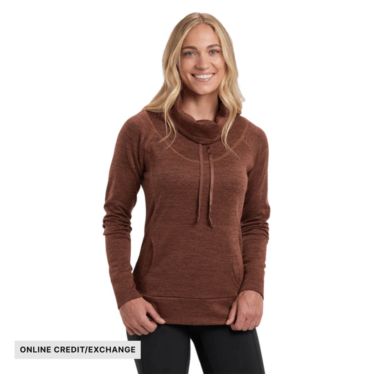 Brown long-sleeve cowl neck pullover with drawstrings