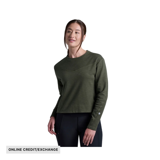 Woman wearing an olive long-sleeve pullover sweatshirt, shown front view