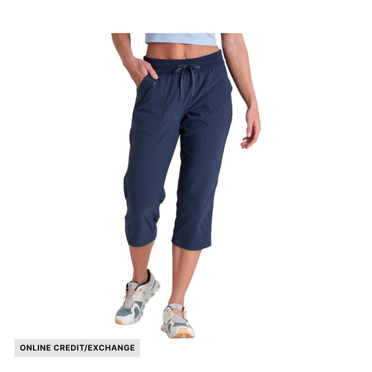 Navy cropped pull-on capri pants with drawstring waist and side pockets
