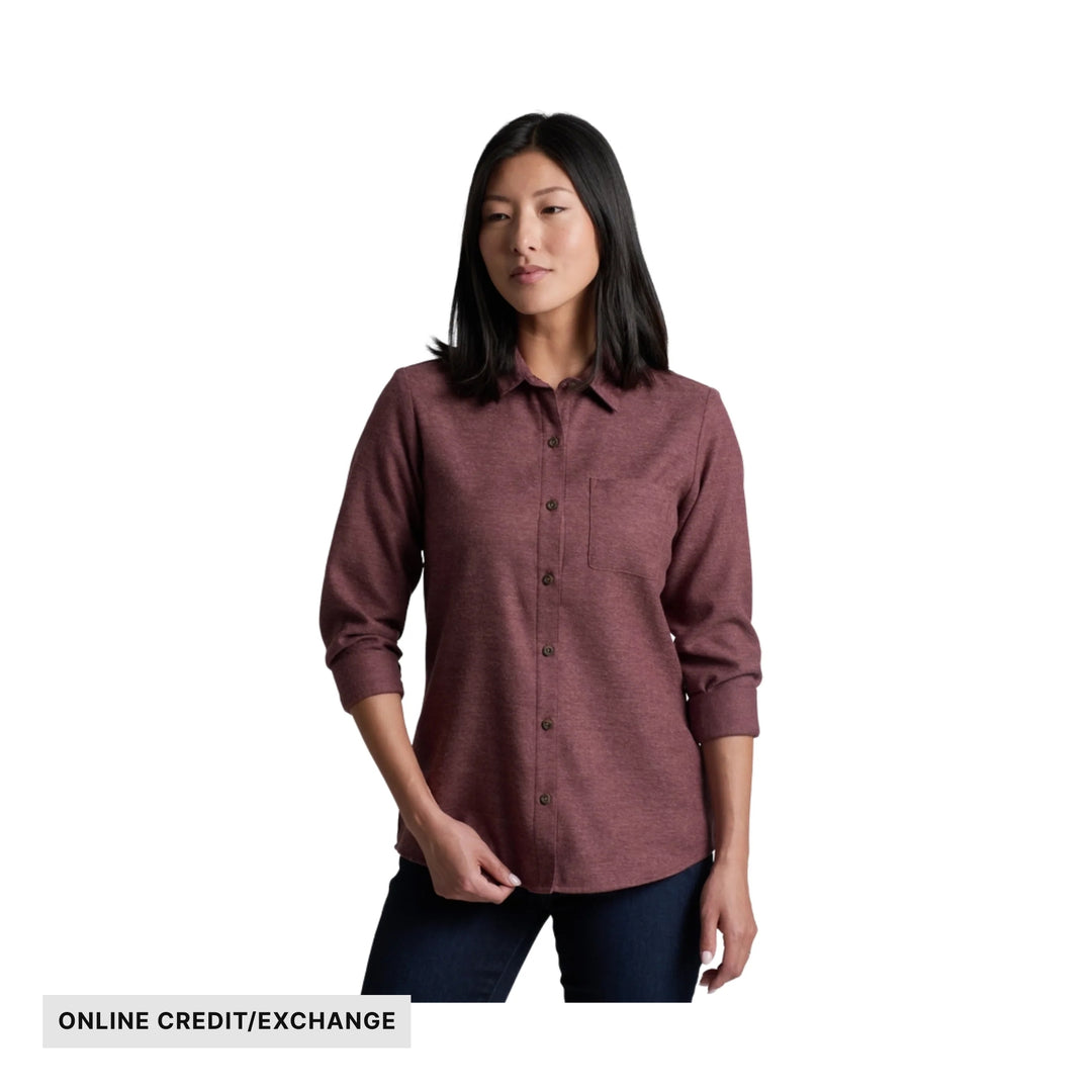 Maroon button-up flannel shirt with rolled sleeves and a chest pocket