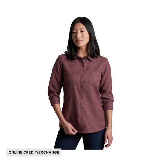 Maroon button-up flannel shirt with rolled sleeves and a chest pocket