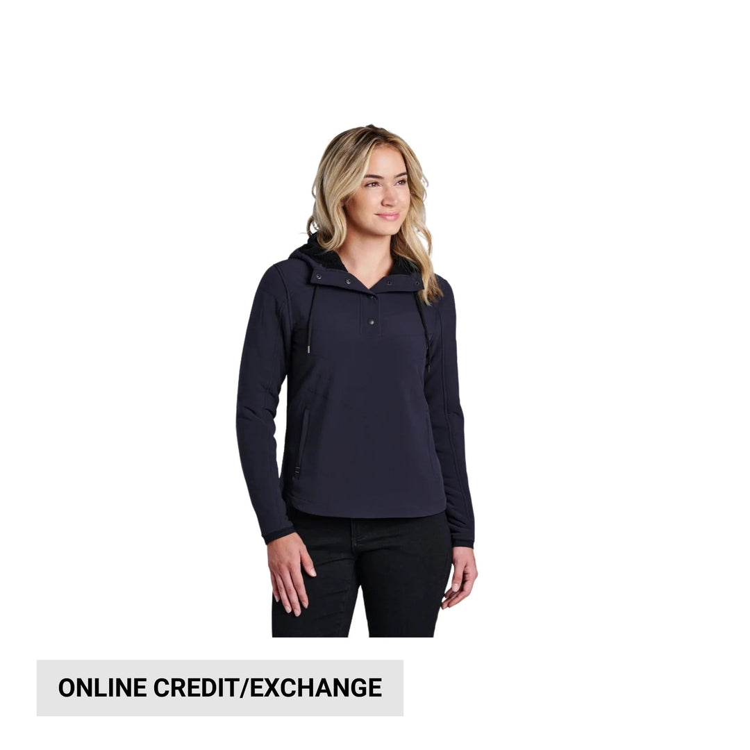 Dark hooded pullover with snap placket and long sleeves, shown on a model