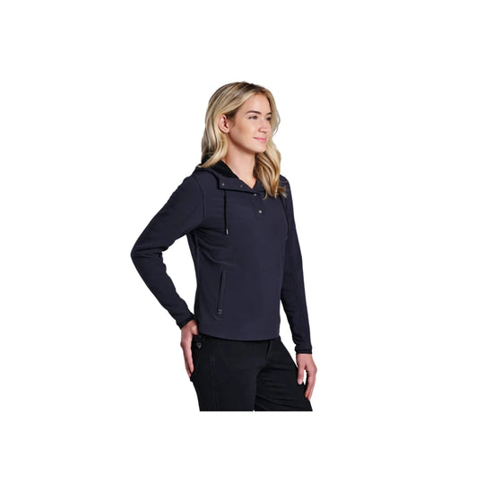 Women’s dark fleece pullover with hood, quarter-snap placket, and zip pockets, shown in side view
