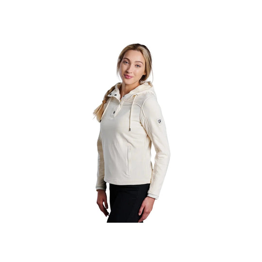 Cream hooded fleece pullover with quarter-zip front and drawstrings, shown on a model