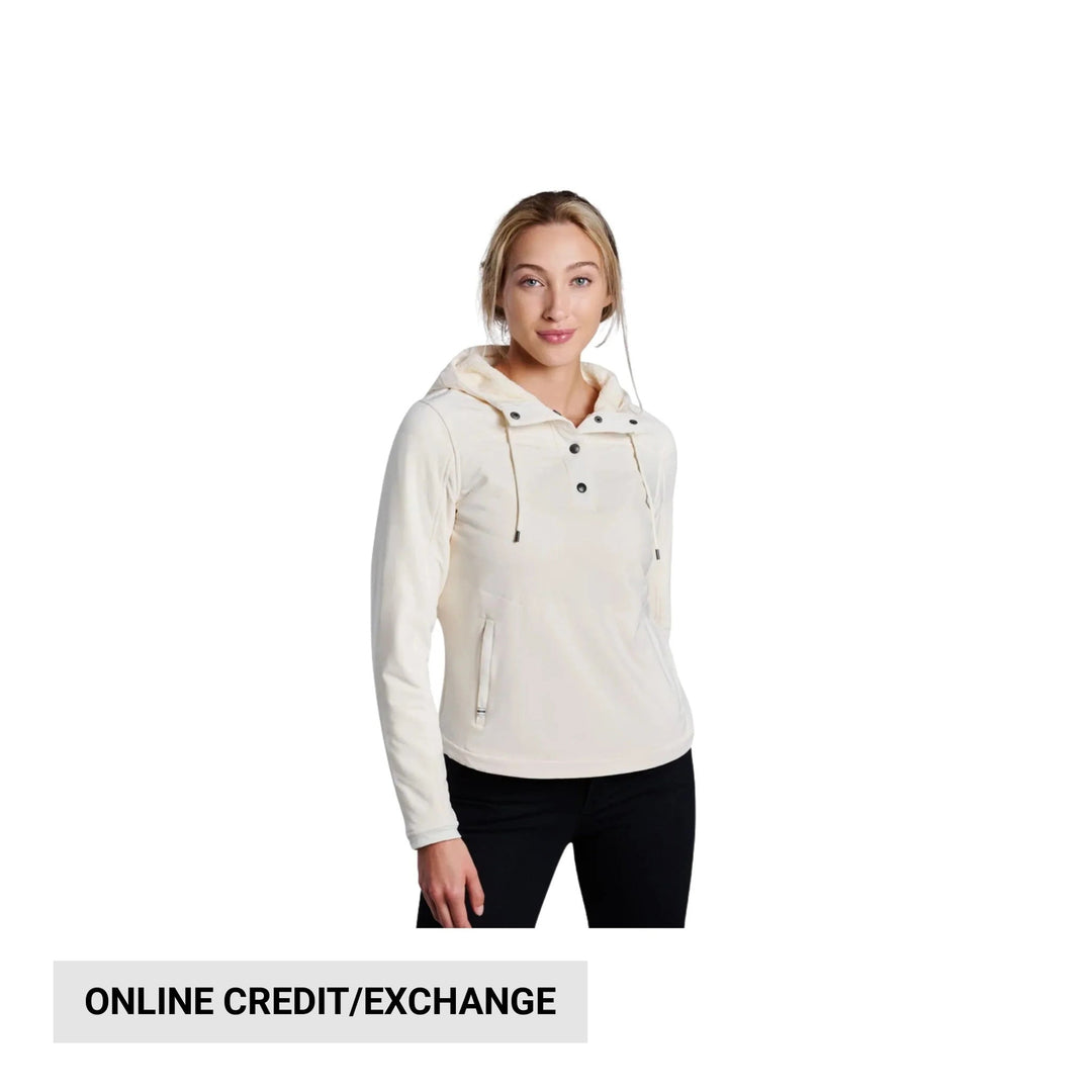 White hooded pullover with snap placket, drawstrings, and zip pockets
