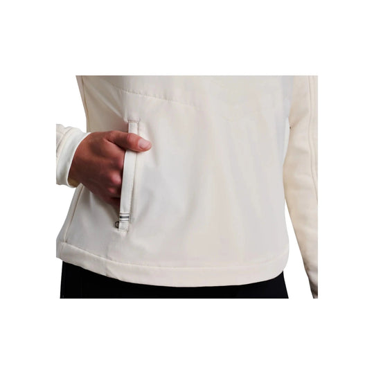 Cream pullover fleece jacket with a zippered hand pocket