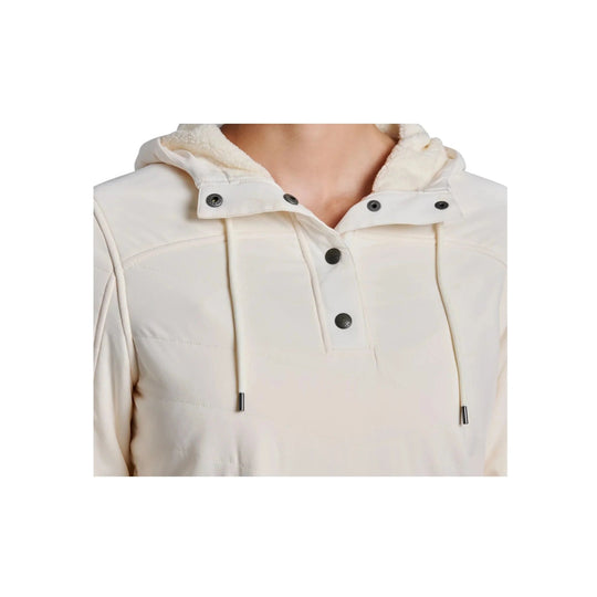 Cream fleece pullover hoodie with snap placket, drawstrings, and sherpa-lined hood