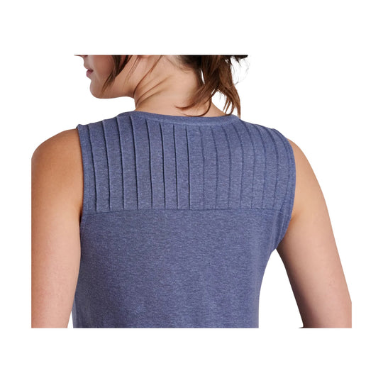 Sleeveless blue knit tank top with ribbed yoke shown from the back