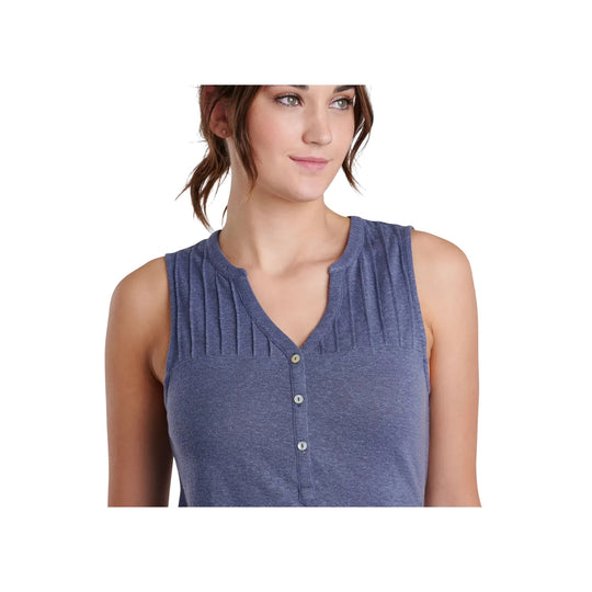 Blue sleeveless knit tank top with pleated neckline and three-button placket