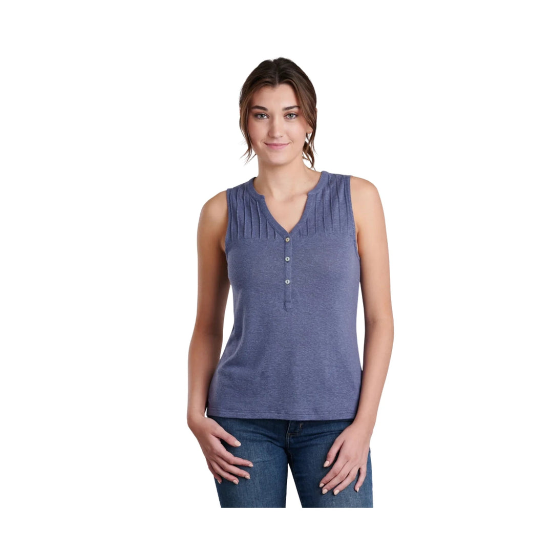 Sleeveless blue heathered V-neck button-front tank top with pleated detail