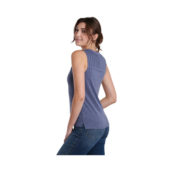 Sleeveless blue knit tank top with ribbed upper back, shown from the back