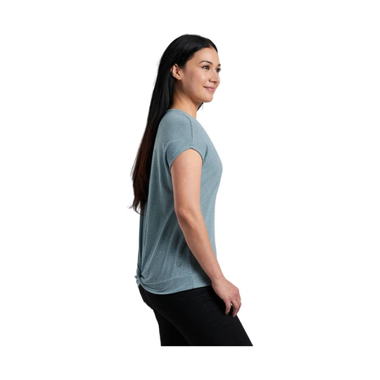 Side-view heathered blue-green short-sleeve T-shirt on a woman model