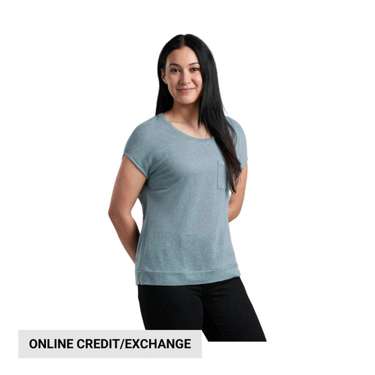 Heathered blue-gray short-sleeve T-shirt with a chest pocket, shown on a model