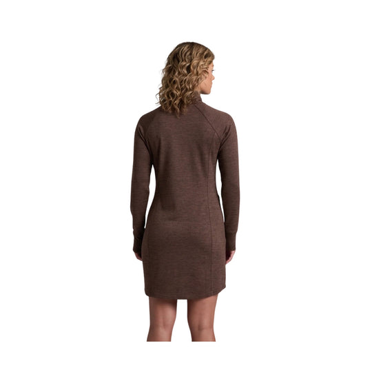 Long-sleeve brown knit dress shown from the back