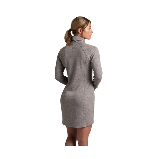 Heather gray long-sleeve turtleneck dress shown from the back
