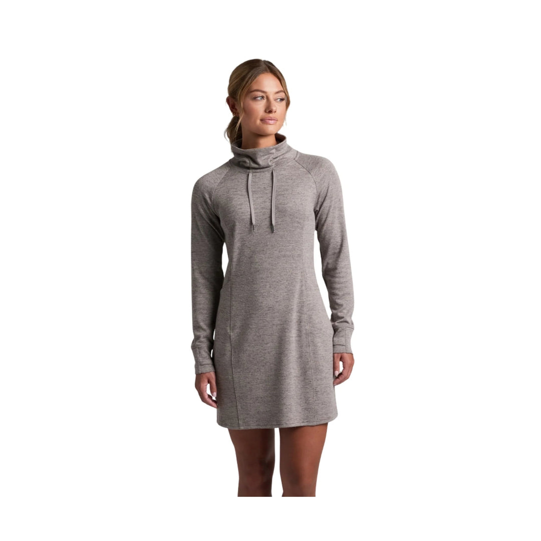 Gray long-sleeve turtleneck dress with drawstring neckline