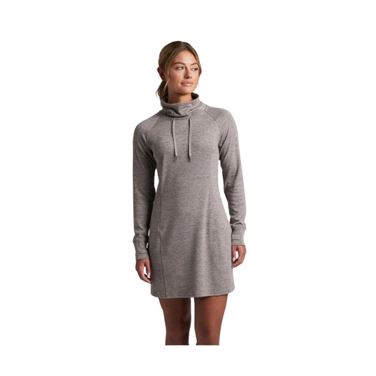Gray long-sleeve turtleneck dress with drawstring neckline