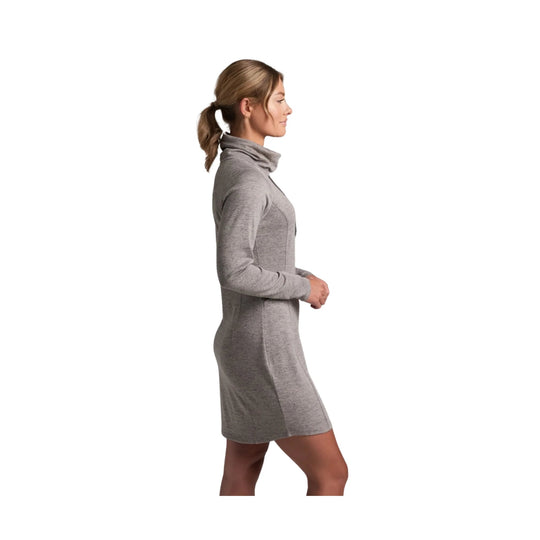 Gray long-sleeve turtleneck dress shown in side profile