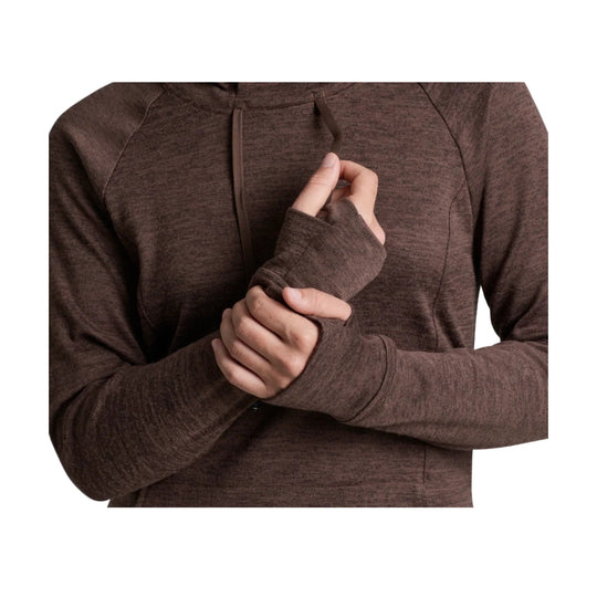 Brown long-sleeve hooded pullover with thumbholes and drawstrings