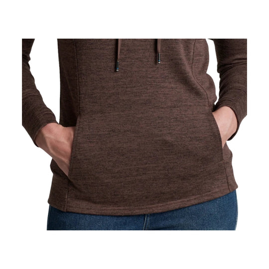 Brown long-sleeve hooded pullover with front pouch pocket
