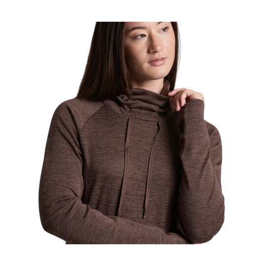 Brown long-sleeve pullover with cowl neck and drawstrings