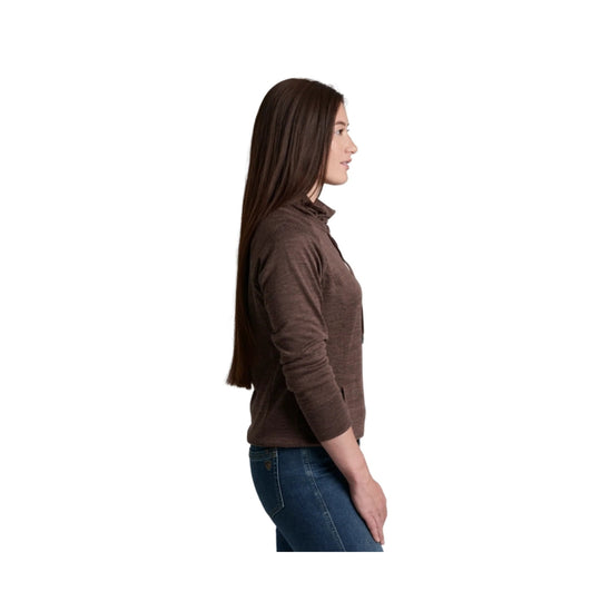 Brown long-sleeve pullover sweater shown in side profile with a mock neck and fitted jeans