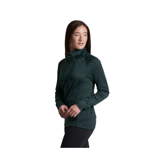 Dark green long-sleeve pullover with cowl neck and drawstrings