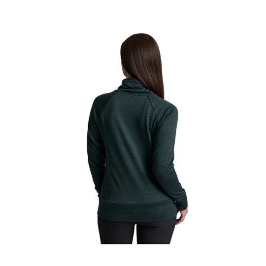 Back view of a dark green long-sleeve pullover with a mock neck