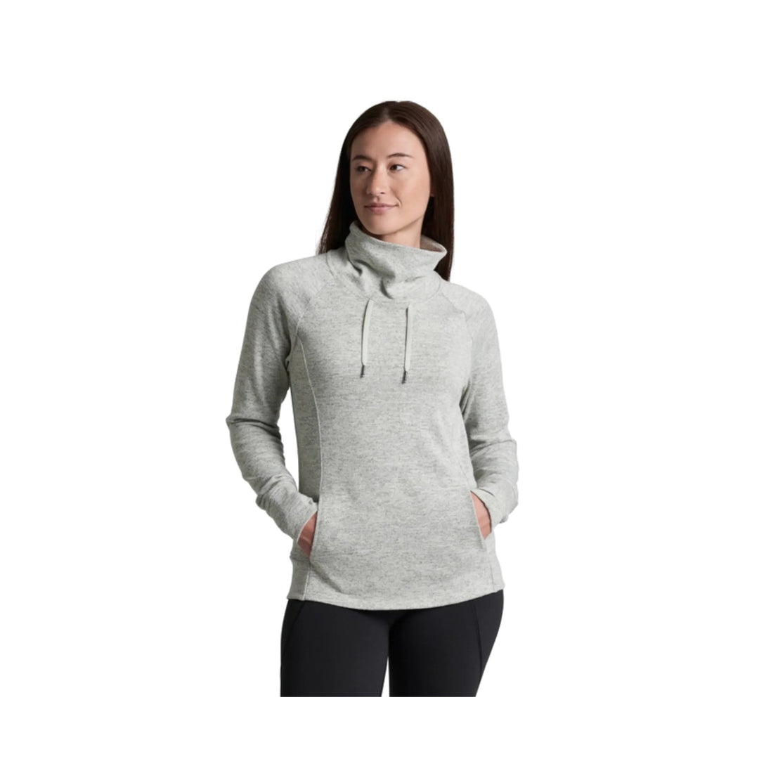 Light gray long-sleeve pullover with a cowl neck, drawstrings, and front hand pockets