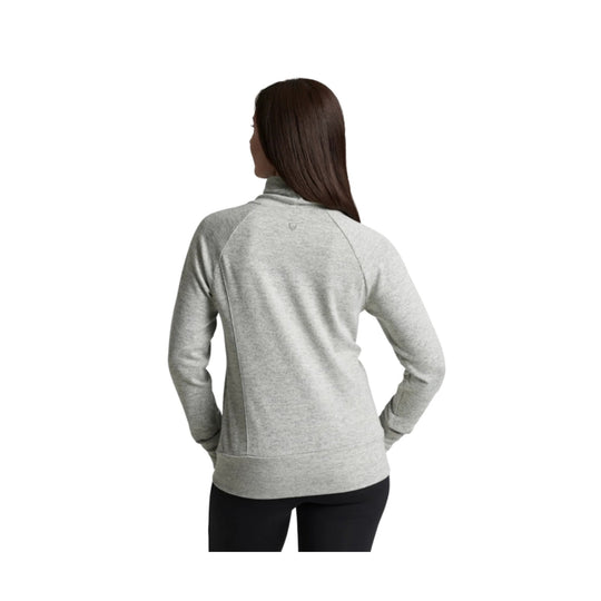 Heather gray women’s long-sleeve pullover shown from the back with a mock neck and fitted hem