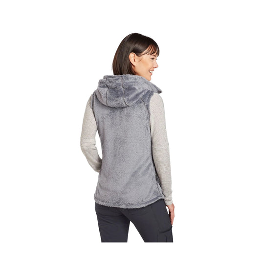 Gray fleece hooded vest shown from the back over a long-sleeve top