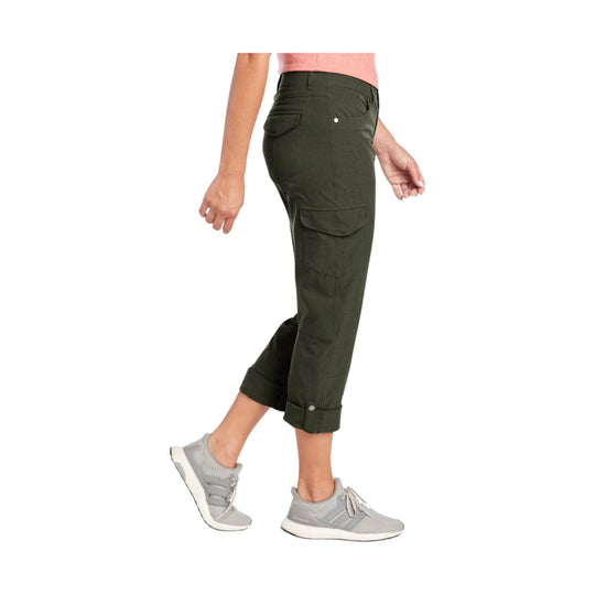 Olive cropped cargo pants with roll-up cuffs, side pockets, and a slim tapered fit