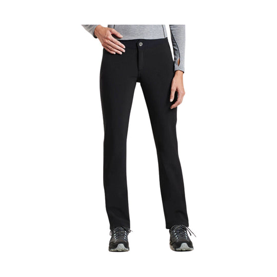 Black straight-leg women’s pants with front button closure