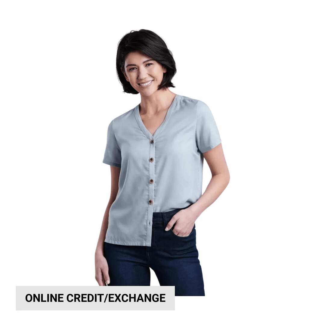 Short-sleeve button-front blouse with a V-neck, shown with dark jeans
