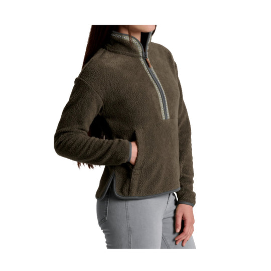 Olive fleece half-zip pullover with patterned zipper trim and kangaroo pocket