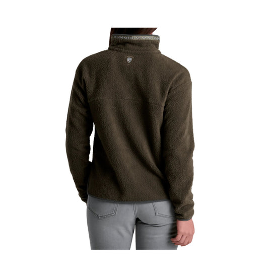 Brown sherpa fleece half-zip pullover shown from the back with a stand collar and small logo at the upper back