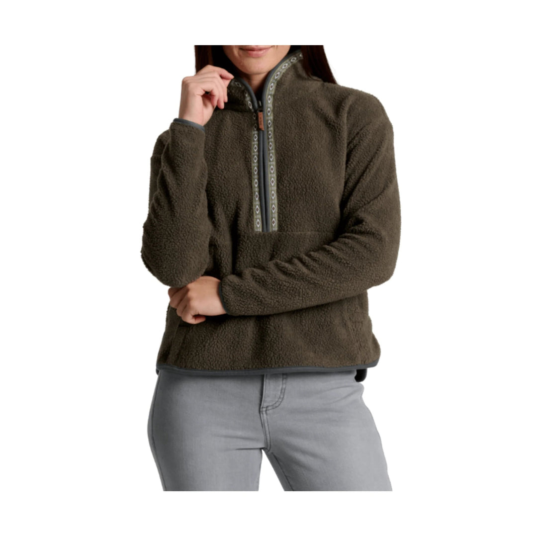 Olive fleece half-zip pullover with patterned zipper trim and long sleeves