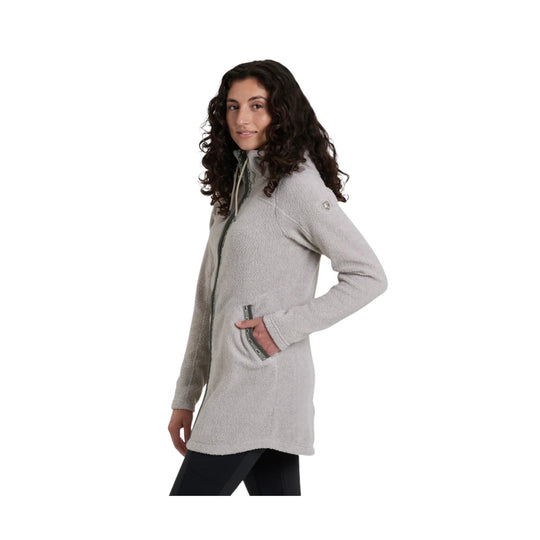 Light gray long fleece zip-up jacket with side pocket and stand collar