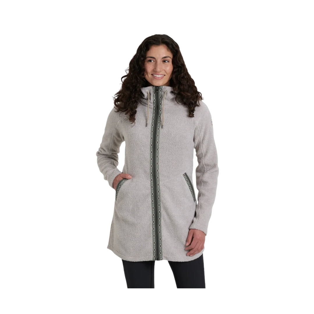 Light gray fleece zip-up hooded jacket with long cut, front pockets, and patterned trim