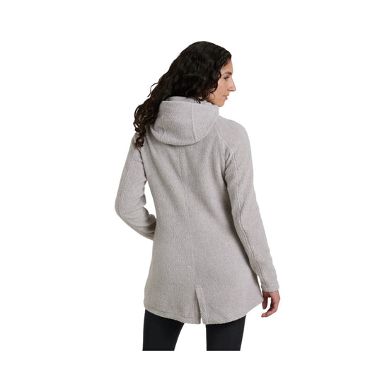 Light gray fleece hooded long jacket shown from the back