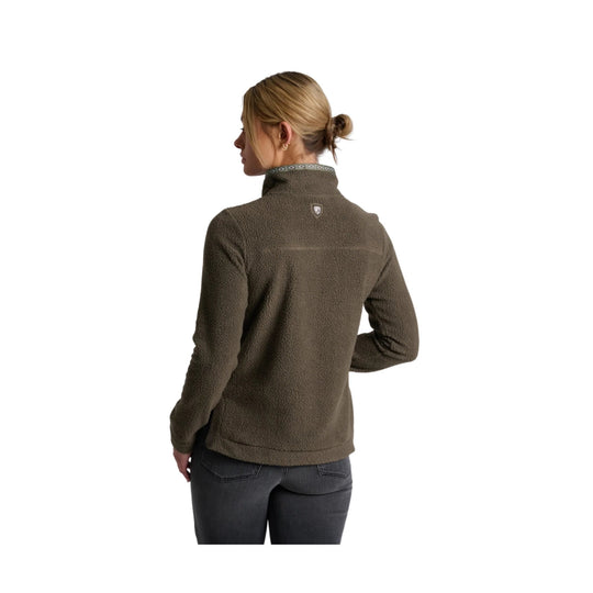 Olive-green fleece pullover seen from the back with a stand collar and quarter-snap neckline