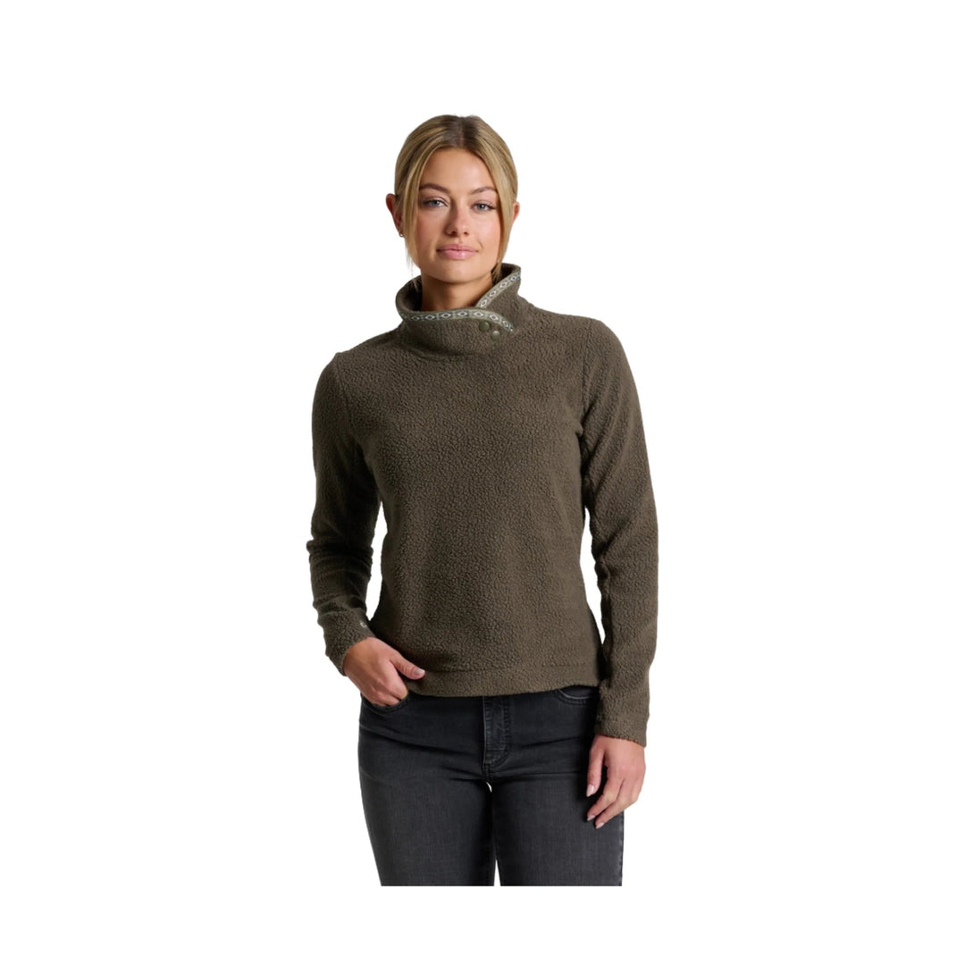 Olive fleece pullover with snap collar and long sleeves