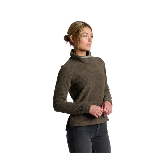 Olive fleece turtleneck pullover on a model, shown in side view